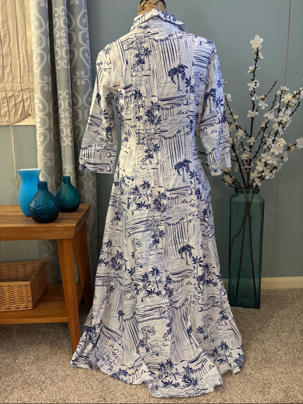 Calypso St. Barth Saint Tropez Tropical Coastal Toile Linen Blend Shirt Dress - Picture 7 of 14